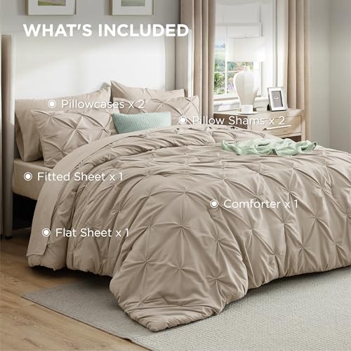 Bedsure Queen Comforter Set Beige - Bed in a Bag Queen Size Bedding 7 Pieces, GentleSoft™ Pintuck Bed Set Gift for Family, Pinch Pleat All Season Comforter with Sheets, Pillowcases & Shams Bedsure