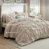 Bedsure Queen Comforter Set Beige - Bed in a Bag Queen Size Bedding 7 Pieces, GentleSoft™ Pintuck Bed Set Gift for Family, Pinch Pleat All Season Comforter with Sheets, Pillowcases & Shams Bedsure