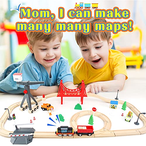 WOOD CITY Wooden Train Set, 56-Piece Deluxe Kids Toy Train Set for 2 3 4 5 Year Old Boy, Cargo-Themed Train Track with Tower Crane & Suspension WOOD CITY