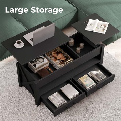 Seventable Coffee Table, 39.3" Lift Top Coffee Table with 2 Storage Drawers and Hidden Compartment, X Wood Farmhouse Support, Retro Center Table with Lift Tabletop for Living Room,Black Seventable