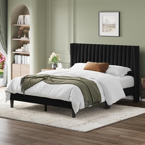 Yaheetech Queen Bed Frame Upholstered Platform Bed with Fabric Headboard, Wing Edge Design/Non-Slip and Noise-Free/Wooden Slats Support/No Box Spring Needed/Easy Assembly, Black Queen Bed Yaheetech