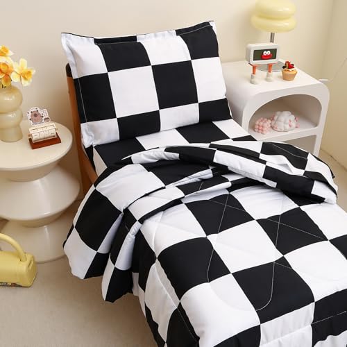 Caressma Checkered Toddler Bedding Set, Classic Black and White Plaid Bed Set, Fluffy Grid Buffalo Plaid 4 Pieces Kids Comforter Bed Set with Comforter, Fitted Sheet, Flat Sheet, Pillowsham Caressma