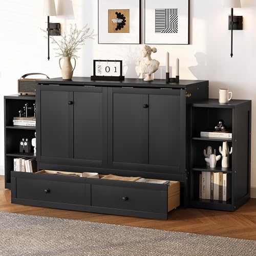 KEIKI Queen Size Murphy Bed Chest, Folding Cabinet Wall Bed Frame with Storage Drawers & Shelves, Space Saving Hideaway Cabinets Beds Frames for Apartment Bedroom Guest Room, Wood Slat Support, Grey KEIKI