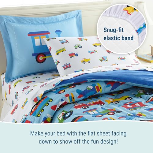 Wildkin 100% Cotton Full Sheet Set – Soft & Cozy Bed Sheets - Trains, Planes, and Trucks Wildkin