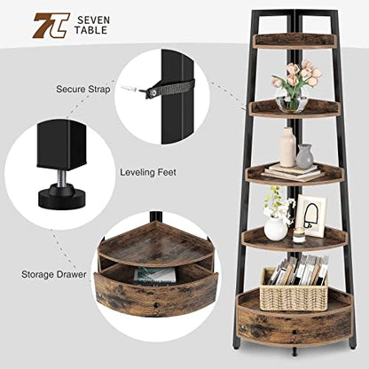 Seventable Rustic Brown 5-Tier Corner Shelf with Drawer – Versatile Storage Solution for Home and Office - WoodArtSupply