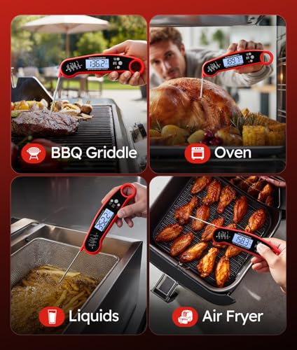 Meat Thermometer Digital – Instant Read Food Thermometer for Grilling, BBQ, Air Fryer, Smoker, Candy Making, Kitchen Gadgets, BBQ Essentials, Gift for Fathers Day, Dad Men Husband Him, Red ONFIKY
