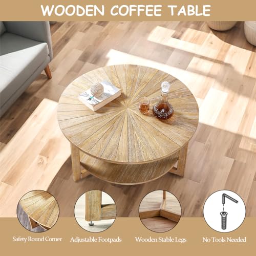 DS-HOMEPORT Wood Round Coffee Table for Living Room, 2 Tier Circle Rustic Coffee Table with Storage, Coffee Table for Apartment, Easy Assembly (Light Brown,35" Dx35 Wx18 H) DS-HOMEPORT