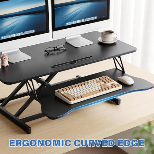 37 Inch Standing Desk Converter - Manual Pneumatic Spring, Two Monitor Stable Standing Desk Converter, 5.9" to 18.8" Height Adjustable Laptop Workstation with Keyboard Tray for Home, Company(Black) Generic