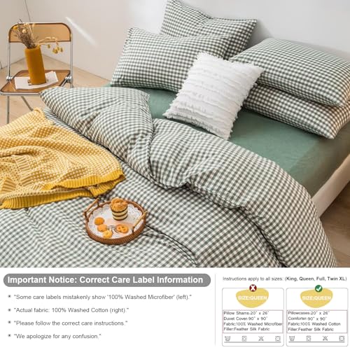 mixinni Green Gingham Comforter Set Queen, Plaid Comforter Set 3 Pieces 1 Green Grid Comfoter with 2 Pillow Cases for All Seasons, Soft Fluffy Modern Grid Pattern Printed Bedding-Queen Size mixinni