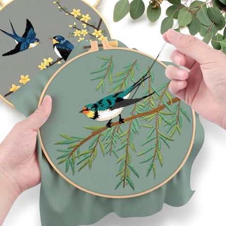 ERKOON Embroidery Kit for Beginners, 2 Set Floral Cross Stitch Set Include Embroidery Cloth Hoops Threads for Craft Lover Hand Stitch with Embroidery Skill Techniques (Hummingbird) ERKOON