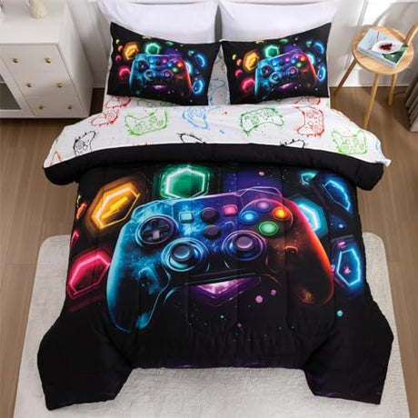 NTBED Game Console Comforter Set for Boys Girls Kids Space Universe Gaming Geometric Lightweight Microfiber Gamer Bedding Sets (Multi, Twin 5Pcs) NTBED