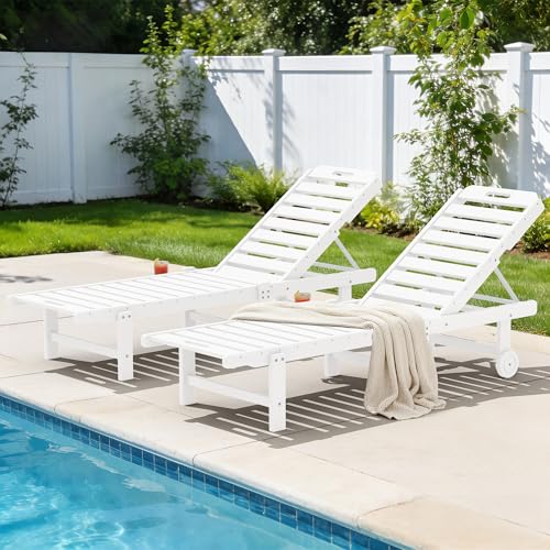 SERWALL Outdoor Chaise Lounge Set of 2, All-Weather HDPE Pool Lounge Chairs with 5-Position Adjustable Backrest, Rolling Wheels & Cup Holder for Poolside, White