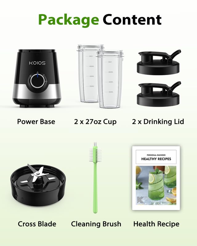 KOIOS Smoothie Blender, 900W Blenders for Kitchen with 27oz No-BPA Portable Bottles and Spout Lids, 3 Modes Personal Mixer Blender for Shakes Smoothies Frozen Drinks, Nutritious Recipe, Black KOIOS