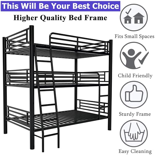 ATOPCORP New Upgrade Metal Twin Over Twin Over Twin Triple Bunk Bed Frame,Detachable Heavy Duty Steel 3 Bunk Beds with 2 Ladder & Guardrail for Kids Adults Teens Boys, No Box Spring Need (Black) ATOPCORP