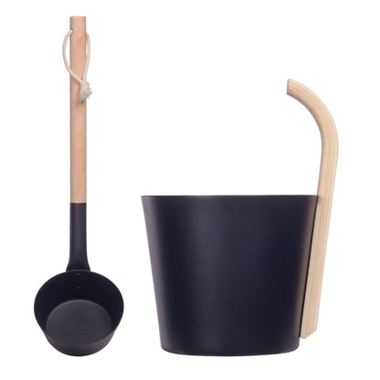 Black Sauna Bucket and Ladle Kit for Sauna & SPA Made of Premium Aluminum,7L Aluminum Bucket with Wooden Handle, Portable Steam Sauna for Home, for Houses SPA Centers Hotels Hostels