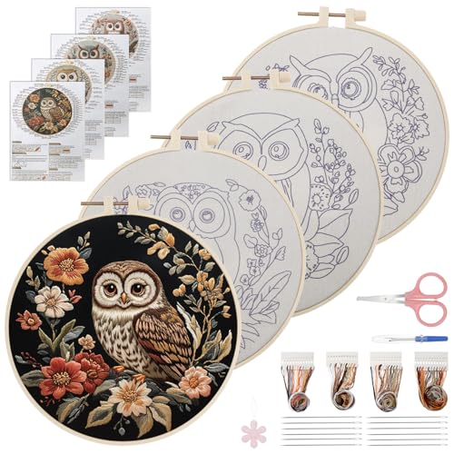 WHQLANG 4 Sets Owl Embroidery Kit, 8.1" Hoops, Embroidery Kit for Beginners to Advanced, Cross Stitch Kits,Inchlude Water Soluble Pattern, Needles,Threads, Template Tools