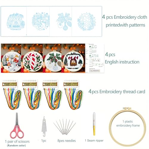 Zhenqing Christmas Embroidery Kit for Beginners - 4 Piece 29x29cm Round Designs with Embroidery Hoop, Threads & Tools (Snowy Cabin, Fireplace, Candy Cane, Holly)(C0066)