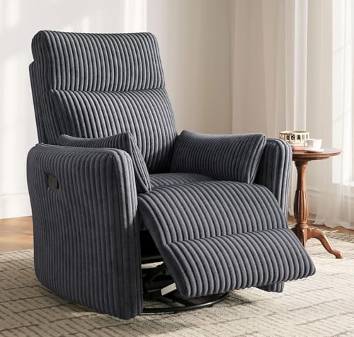 LINSY 360 Swivel Recliner Chair, Nursery Glider Rocking Chair with 2 Pillows, Corduroy Nursing Chair Comfy High Back Adult Rocker Recliner for Small Spaces, Nursery Bedroom Living Room (Gray)