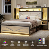 Otevehde Queen Size Rustic Bed Frame with Storage Born Door Headboard and Bedside Storage, Industrial Farmhouse Metal Platform Bed Frame with Charging Station and LED Lights, White Otevehde