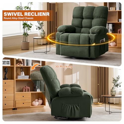 MAHOMICO Swivel Rocker Recliner Chair with Vibration Massage and Heat for Living Room with Rocking Function and Side Pocket,USB Charge Port，2 Cup Holders