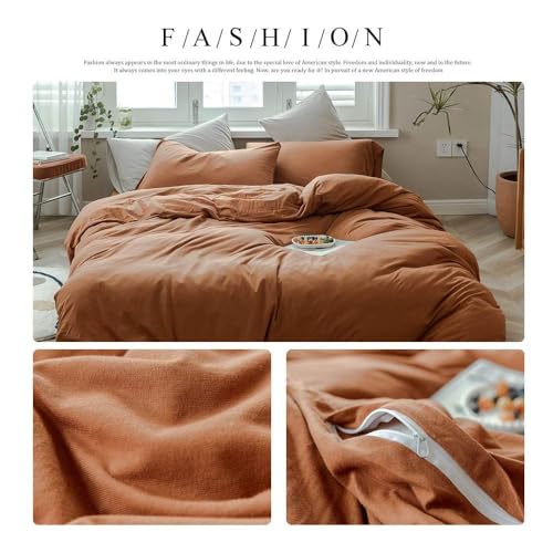 AMWAN Jersey Knit Cotton Duvet Cover Set Solid Pumpkin Color, Luxury Soft Comforter Cover Queen Size 3 Piece Bedding Set 1 Duvet Cover 2 Pillowcases Set AMWAN