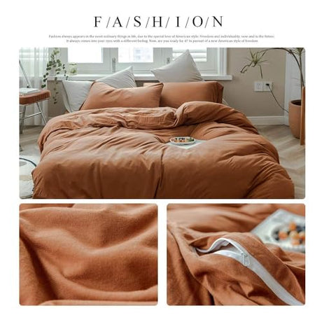 AMWAN Jersey Knit Cotton Duvet Cover Set Solid Pumpkin Color, Luxury Soft Comforter Cover Queen Size 3 Piece Bedding Set 1 Duvet Cover 2 Pillowcases Set AMWAN