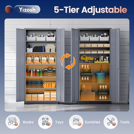 Yizosh Metal Storage Cabinet with Locking Doors and 5 Adjustable Shelves, 72" Garage Storage Cabinet Steel Lockable for Office,Home,Garage Yizosh