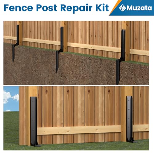 Muzata 4Pack Fence Post Repair Kit Fence Post Stakes Heavy Duty Black Steel Post Anchor Ground Spike Quick Easy for 4x4 6x6 Tilted Broken Wood Fence Post Repair WT16 Muzata
