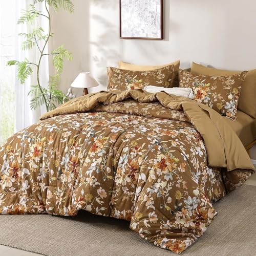 Dobuyly Brown Comforter Set Queen Size, 7 Piece Floral Bedding Comforter Set, Bed in a Bag Botanical Flower Pattern with Sheets, Pillowcases & Shams All Season Dobuyly