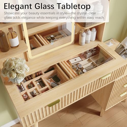 IAISRO 42'' Fluted Makeup Vanity Desk with LED Lights Mirror & Charging Station, Modern Glass Top Vanity Table with 5 Drawers & Open Shelves, Dressing Table for Bedroom, Living Room, Oak IAISRO