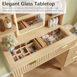 IAISRO 42'' Fluted Makeup Vanity Desk with LED Lights Mirror & Charging Station, Modern Glass Top Vanity Table with 5 Drawers & Open Shelves, Dressing Table for Bedroom, Living Room, Oak IAISRO