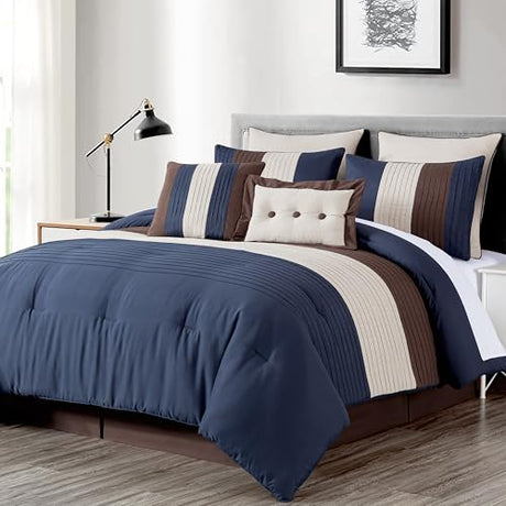 Chezmoi Collection Loft 8-Piece Queen Comforter Set, Midnight Blue/Brown/Coffee Cream Luxury Striped Bedding for All Season Chezmoi Collection