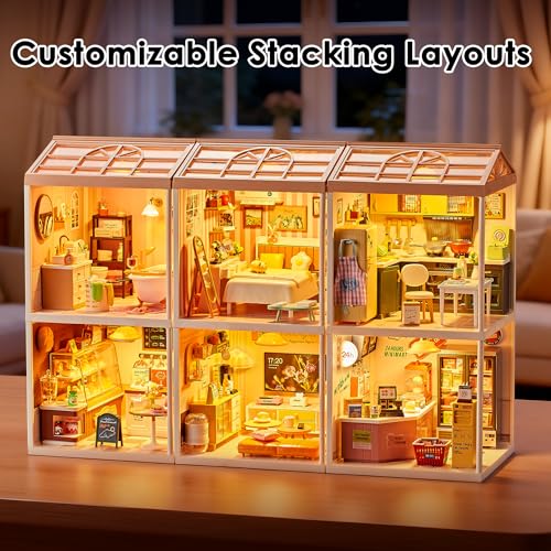 Tkmango Cat Pet Life Shop DIY Miniature House Kit with Roof & LED Light, Stackable & Connectable Dollhouse Kit with Dustproof Door, Creative DIY Crafts Building Toy Gift for Adults Teens
