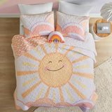 Intelligent Design Kids Twin Quilt Bedding Set, Cotton Coverlet Sun Girls Bedding Set Rainbow & Clouds Reversible Dawn Light & Breathable Sham Throw Pillow Twin Yellow/Coral 3 Piece Intelligent Design