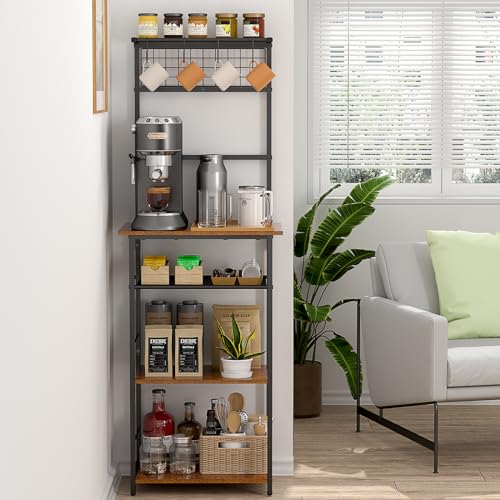 5 Tier Coffee Bar Station, Coffee Stand Station with 4 S-Shaped Hooks, Farmhouse Corner Coffee Bar Cabinet for Small Spaces, Bakers Rack for Kitchen, Entryway, Living Room, 13.43"D x 18.93"W x 53.31"H