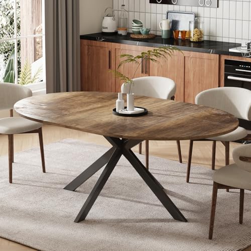 59-Inch Extendable Round Dining Table for Dining Room, 4-6 People Large Expandable Kitchen Dinner Tables with Oval Wood Top and Industrial Metal Frame for Dinner Room, Small Space, Black Brown Epecoya