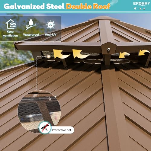 EROMMY 10' x 10' Hardtop Gazebo, Galvanized Steel Double Roof Gazebo with Aluminum Frame, Permanent Outdoor Metal Pavilion with Curtain and Netting for Patio, Lawn and Garden EROMMY