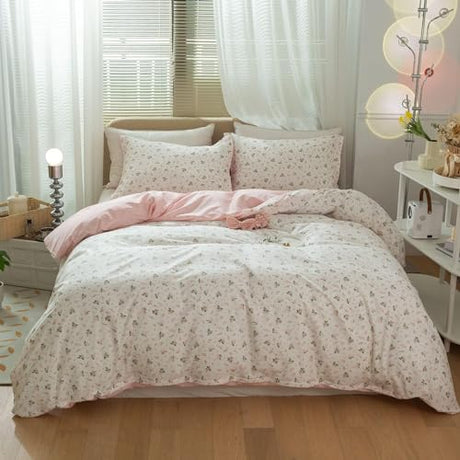 AMWAN Pink Floral Duvet Cover Full Size Cotton Garden Bedding Sets Kids Girls White Comforter Aesthetic Botanical Vintage Flower Print with Zipper Ties, Full (80''x90'') AMWAN