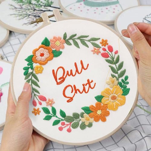 Louise Maelys Funny Embroidery Kits for Beginners,Cross Stitch Kit with Adults,DIY Arts Craft with Flower Wreath Pattern,Including Cloth,Hoop,Instructions and Threads