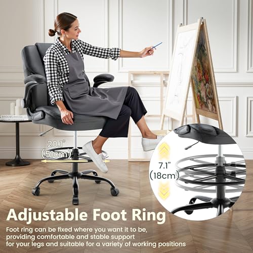 Drafting Chair 500Lbs, Tall Office Chair for Standing Desk, High PU Leather Executive Office Chair with Flip-up Armrests, Ergonomic High Chair with Adjustable Foot Ring, Comfy Stool Chairs, Black Sofetura
