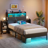 Rolanstar Twin Bed Frame with Bookcase Storage Headboard, Slide Out Bedside Storage, Bed with Charging Station & LED Lights, Heavy Duty Metal Slats, No Box Spring Needed, Noise Free, Black Rolanstar