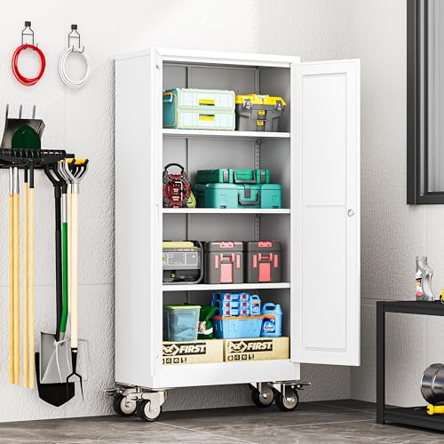 erosoei 61" H Metal Garage Storage Cabinet, Rolling Tool Cabinet with 2 Doors and Wheels, Locker Steel Cabinet with 3 Adjustable Shelves, Organization Cabinet for Garage,Office,Home,Gym,School（White） erosoei