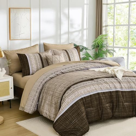 Dintszyayue Brown Comforter Set Queen Size, 8 Pieces Boho Striped Bed in a Bag Soft Microfiber Bedding Set for All Season Dintszyayue