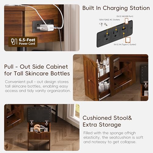 Merax Corner Vanity Desk Set with Storage Cushioned Stool & Charging Station, Triangle Makeup Desk with Removable Pull-Out Side Cabinet, Glass Tabletop Makeup Vanity with Drawer & Shelf, Walnut Merax