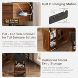 Corner Vanity Desk Set with Storage Stool, Charging Station, Removable Cabinet, Glass Tabletop & Jewelry Organizer, Triangle Makeup Desk for Bedroom (Walnut, 29") Generic