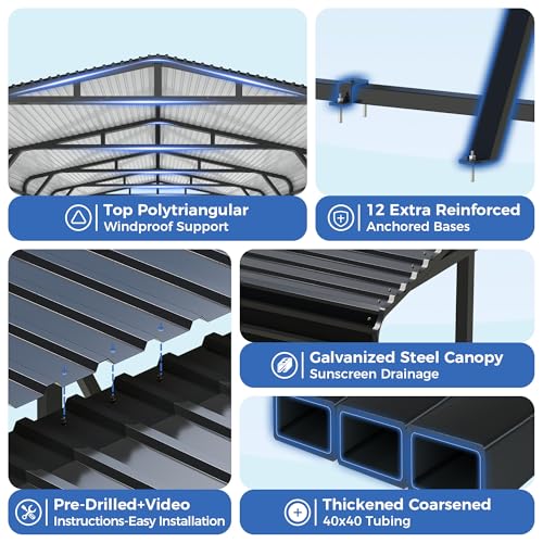 AirWire 20’x20’ Carport Canopy Metal Carport Heavy Duty Car Port Galvanized Steel Roof, Reinforced Stable Triangle Frame Enhanced Base for Snowy Windy Carports Car Tent for Car,Pickup,RV,Tractor,Boat AirWire