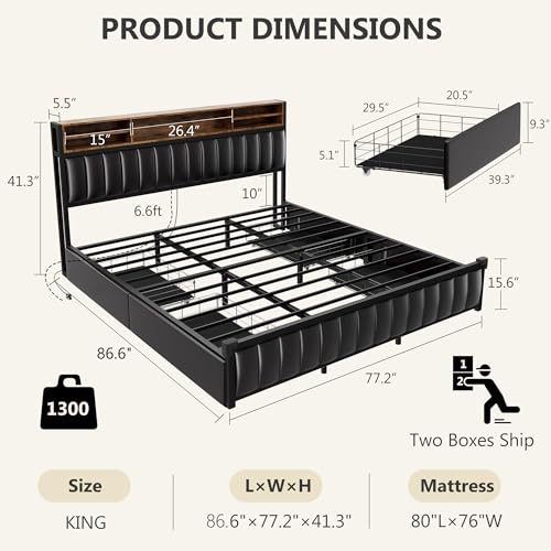 King Size Bed Frame with 4 Storage Drawers and Bookcase Headboard, LED Upholstered Platform Bed King Size with USB-C & USB Charging Station, Double-row Support Bar, No Box Spring Needed, Black