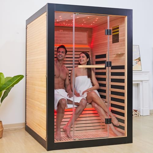 RIGO 2 Person Infrared Sauna for Home - Canadian Hemlock Luxury Spa with Exclusive Star Sky Roof & Oxygen Bar, 7 Low EMF Graphene Heaters, Bluetooth RIGO