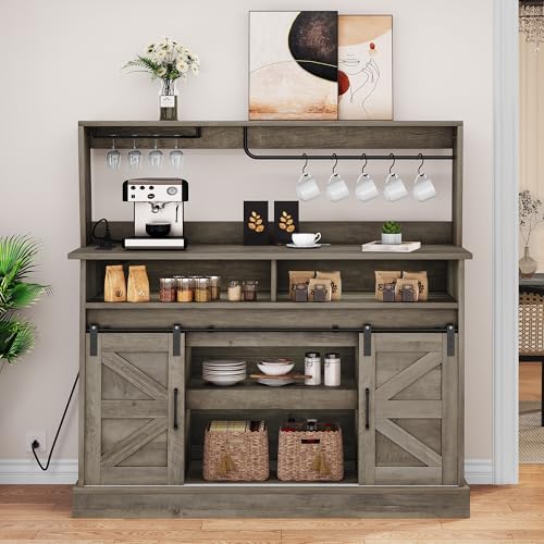 YITAHOME 52" Farmhouse Buffet Cabinet with Storage, Sliding Barn Door, Sideboard Cabinet with Goblet Holder, 5 Hooks and Power Outlets, Coffee Bar Cabinet for Kitchen, Living Room (Rustic Grey Oak)