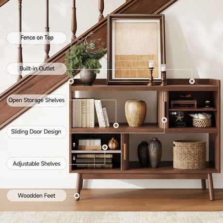 ONBRILL 44" Sideboard Buffet Cabinet with Outlet & 2 Open Storage Spaces, Fluted Sideboard Cabinet with Sliding Door & Adjustable Shelves, Mid-Century Accent Coffee Bar Console Table with Wooden Feet ONBRILL